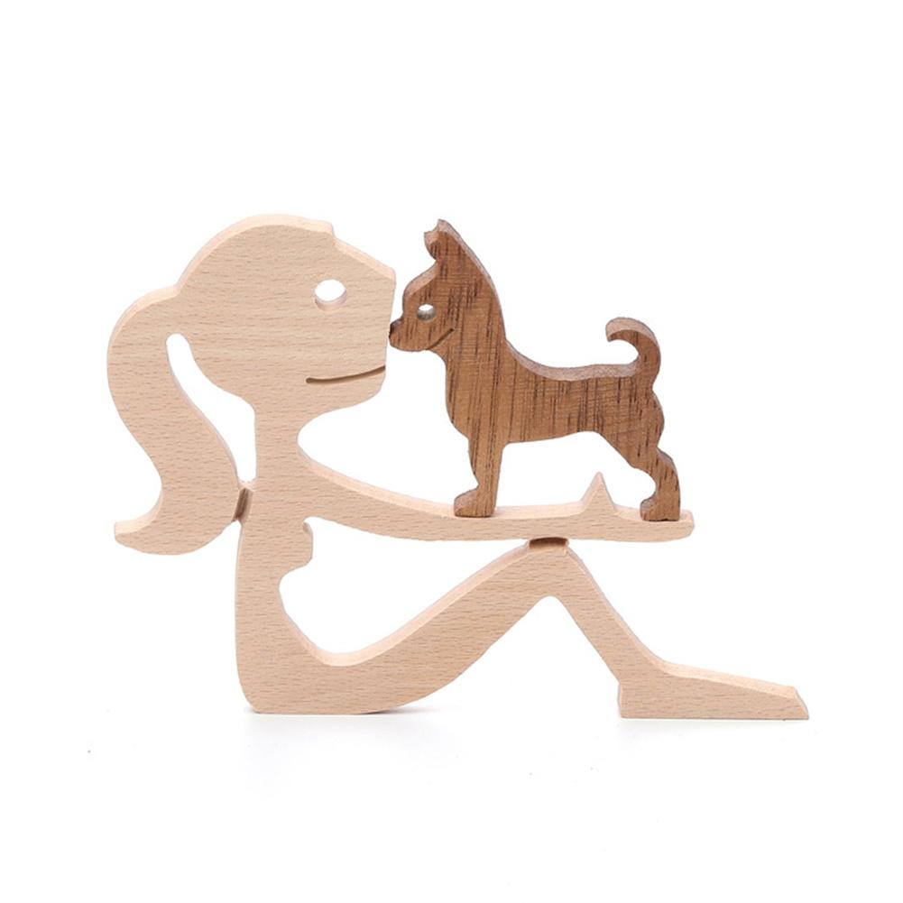 Family Puppy Wood Dog Craft Figurine Desktop Table Ornament Carving Model Home Office Decoration Pet Sculpture Christmas Gift