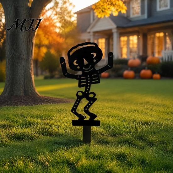 Halloween Skelett Trädgårdsstolpar Stolpe, Metall med Fladdermus Spindel Gårds konst Svart Silhuett Dekoration för Gräsmatta Blomsterrabatt Kyrkogård Landskapsarkitektur