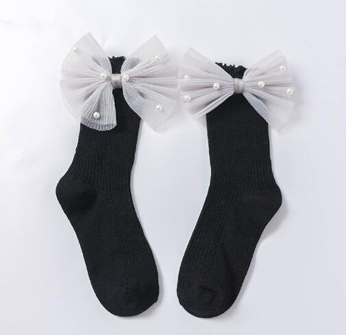 Girls Black Calf Socks Cute Bowknot Pearl Decor Combed Cotton Comfortable Toddler Baby Socks