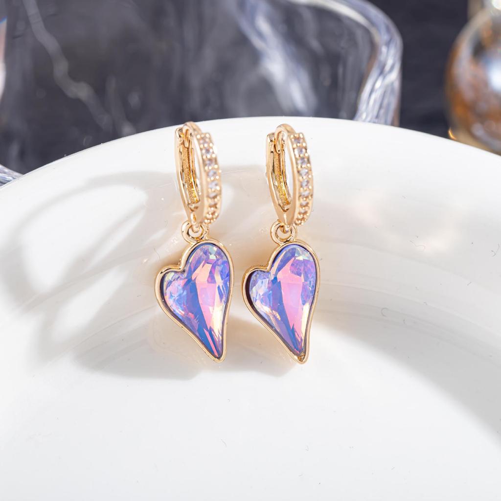 High-End European & American Zircon Heart Earrings – Colorful, Elegant Hoops, Clips & Dangles for Women