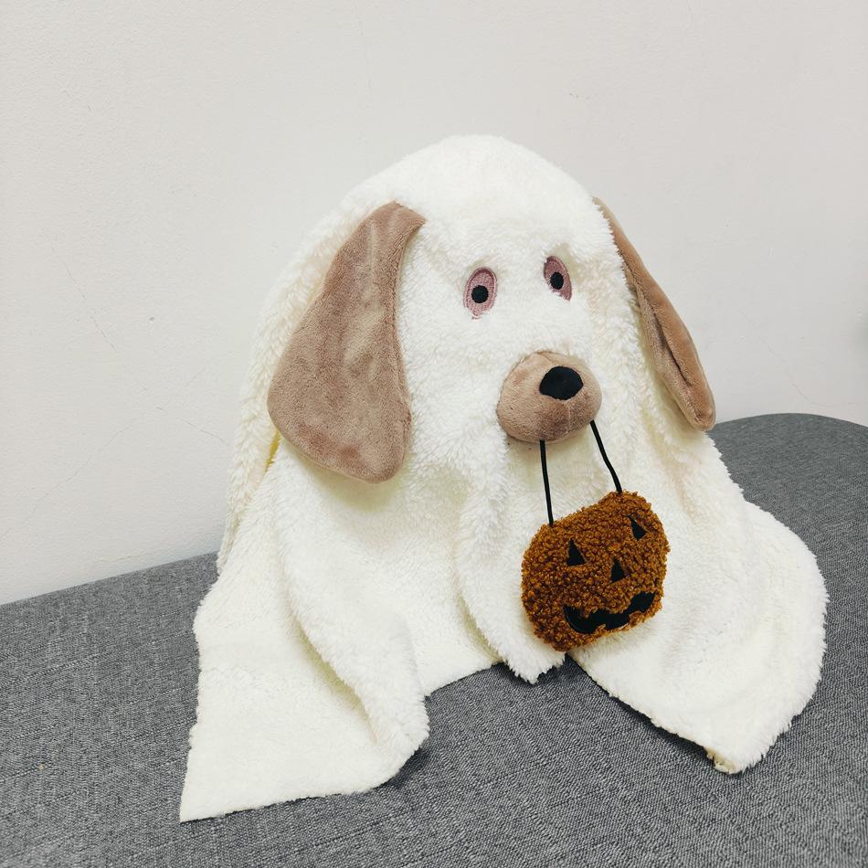Plush Ghost Dog Toy Soft Stuffed Animal Halloween Decoration with Pumpkin Accessory for Kids and Collectors