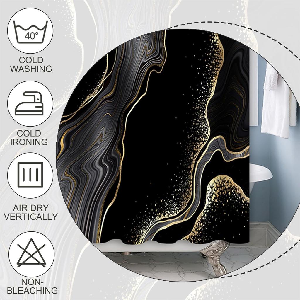 Schwarz-Gold Marmor Duschvorhang - Moderne Luxus Abstrakte Dekoration - Waschbarer Stoffvorhang - Dekoratives Badezimmerzubehör