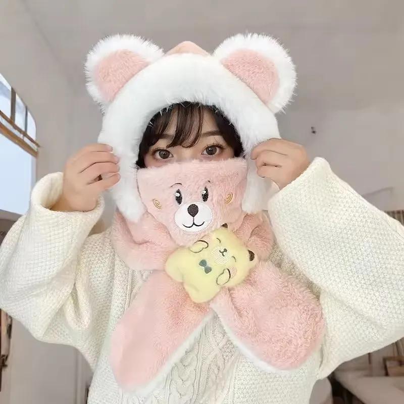 Winter Children One Piece Scarf Hat+Mask Cute Cartoon Baby Ear Protection Cap 1-6 Kids Plush Cross Neckerchief Warm Beanies