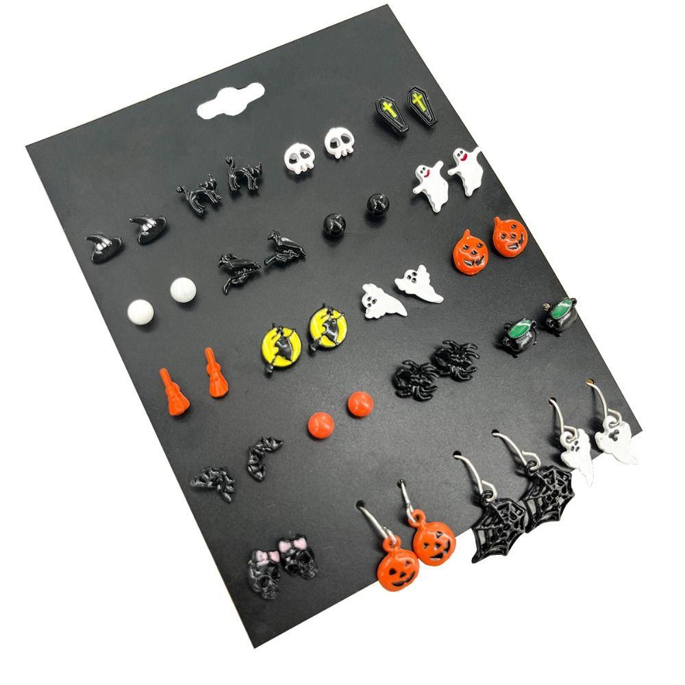 Skull Witch Ear Studs Cat Pumpkin Studs Earrings Vintage Enamel Cross Pendant  Ladies