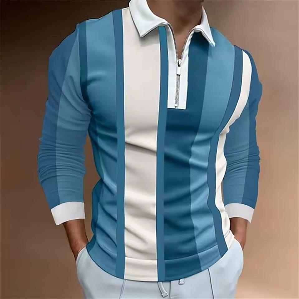 Trendy Long Sleeve Striped Polo Shirt, Half-Zip Casual Top for Men
