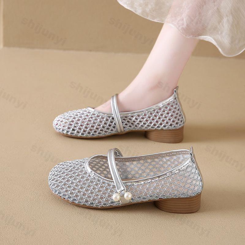 Fashion Women Mary Jane Shoes 2025 Summer Mesh Breathable Comfortable Casual Shoes Hollow Out French Dress Pearl Fashion Women's Shoes