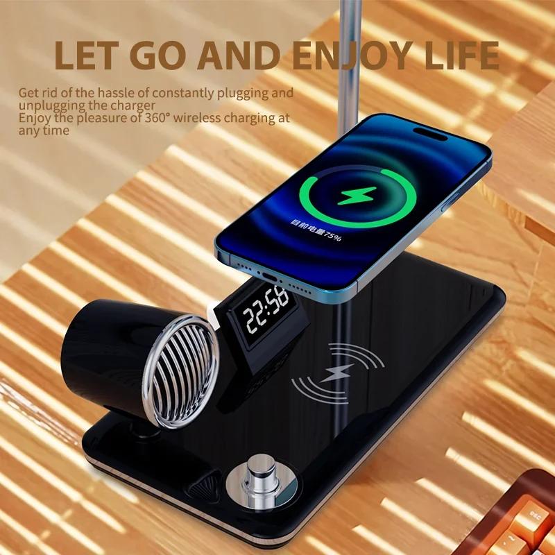 LED Table Lamp USB Port Bluetooth Multifunction Wireless Charger Pad Stand Clock For Bedroom Bedside Decor Lighting Table Light