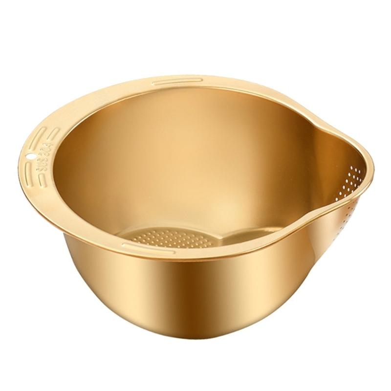 Steel Rice Washer Bowl with Side Drain Holes And Integrated Grater Small Colander for Cleaning Vegetable Bean Kitchen