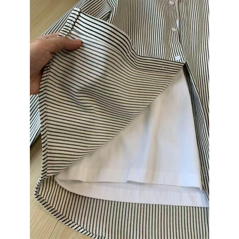 Black White Striped Long Sleeve Loose Fit Polo Shirt For Women Couple Casual Top