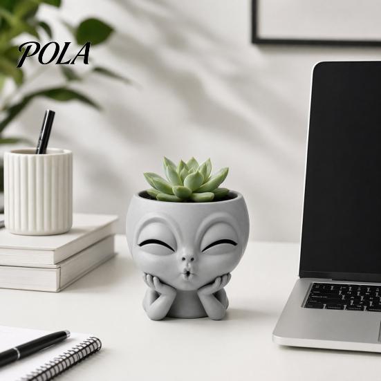Desktop Plant Pot Funny Alien Face Planter, 3D Printed Novelty Pot, Cute Gray Cactus Head Planter for Succulents Cacti Home Table Shelf Decoration
