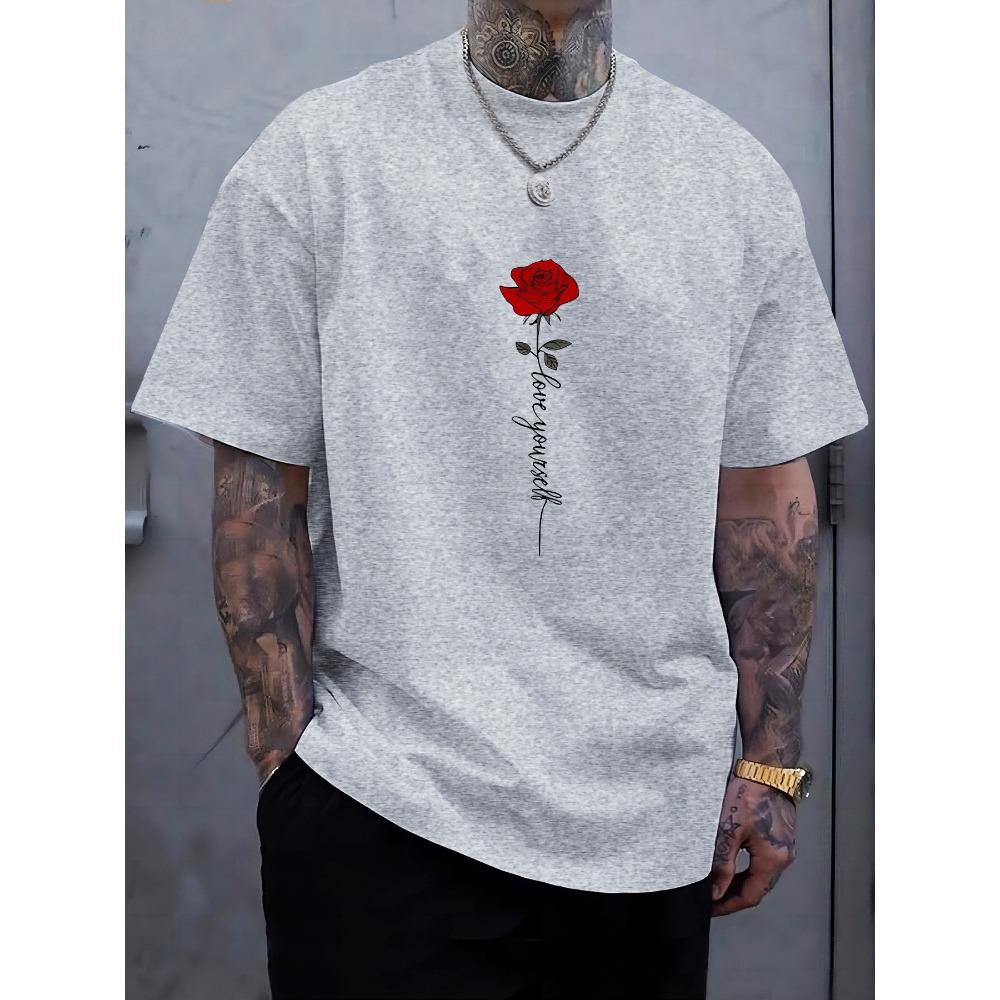 Men's summer fashionable casual sports loose red rose pattern printed round neck short sleeved T-shirt top