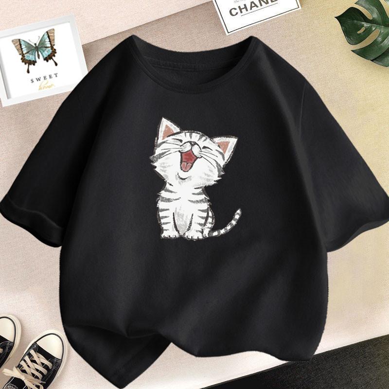 Girls Clothes 2025 Summer Fashion T-Shirt Fun And Cute Cat  Print Short-Sleeved Tops Children Summer Clothes