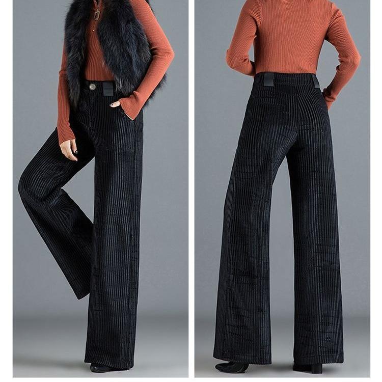 Spring Womens  High Waist Flared Pants  Loose Black Long Trousers