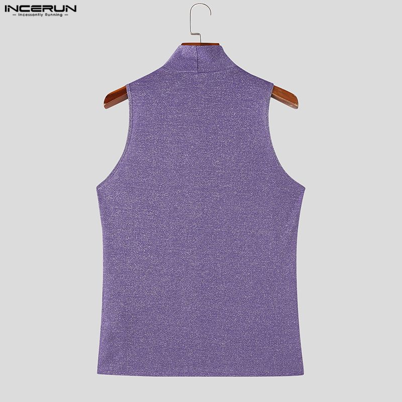 INCERUN Herren Hochgeschlossenes Ärmelloses Einfarbiges Glitzer Figurbetontes Lässiges Tanktop Weste