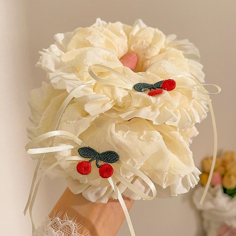 1 Stück Süße bestickte Kirschschleife Seidenband Haargummi für den großen Darm, High-End-Haarband im Ballettstil für Duttfrisur