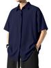 [Minesam] Men's Cotton Linen Shirt, Short Sleeve, Cool, Summer Wear, Relaxed Fit, Plus Sizes (Navy, L)