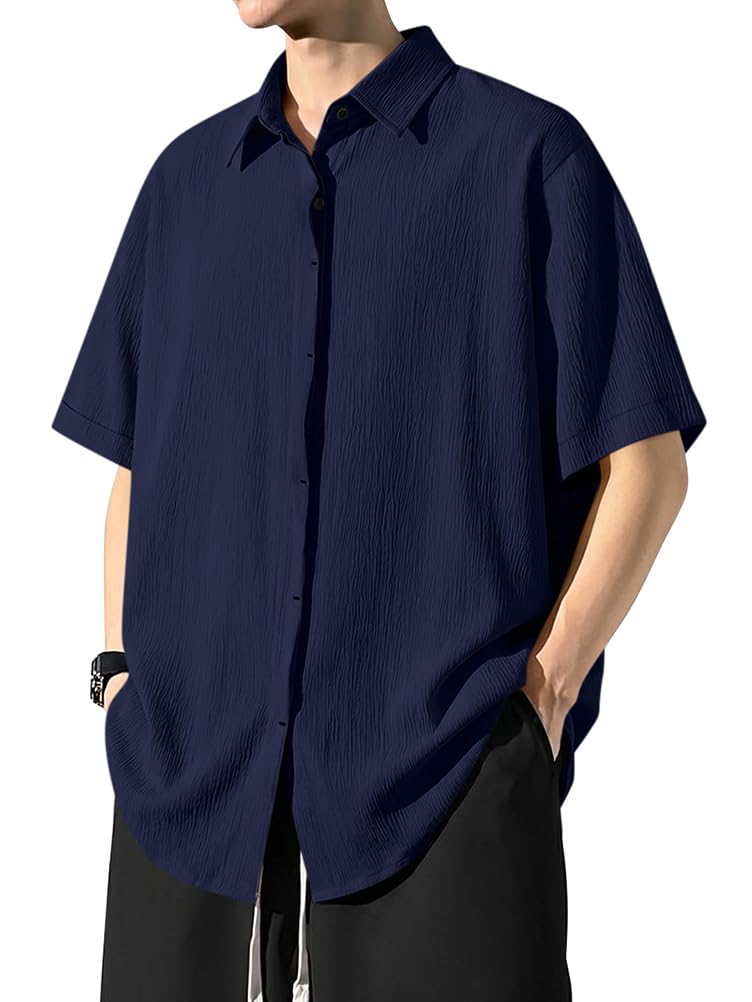 [Minesam] Men's Cotton Linen Shirt, Short Sleeve, Cool, Summer Wear, Relaxed Fit, Plus Sizes (Navy, L)