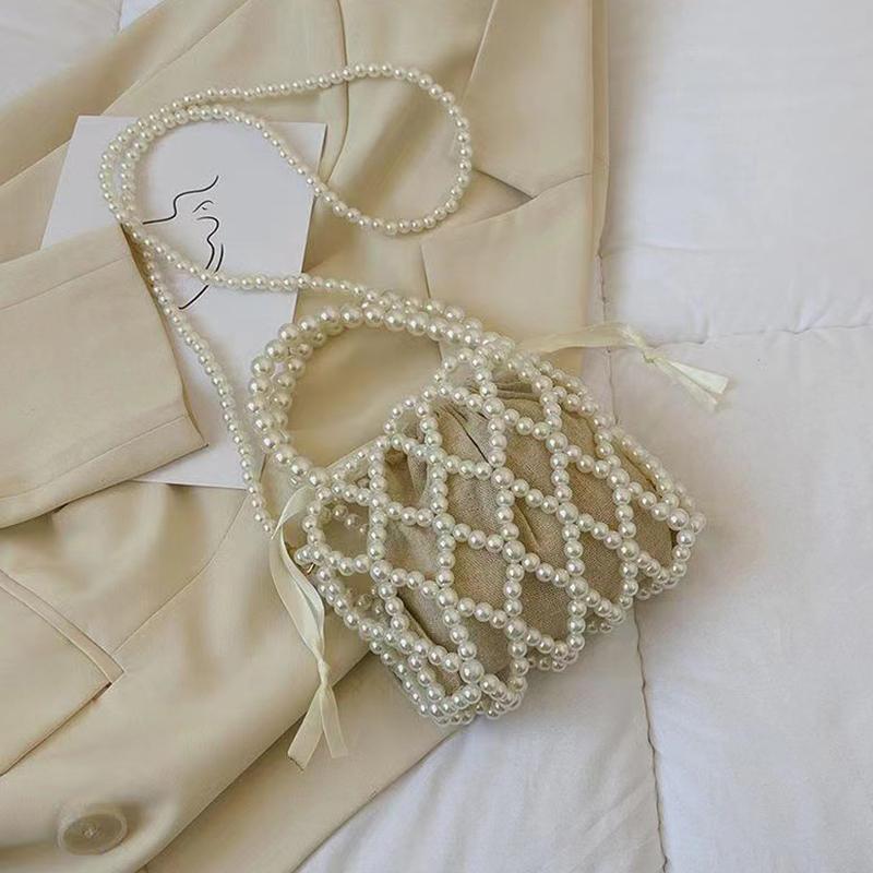 Yogodlns French Retro Handbag Fairy Woven Beaded Bucket Bag Crossbody Bag Summer Niche Design Hollowed Out Pearl Bag