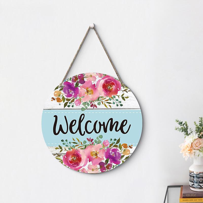 Flower Wooden Hanging Sign, Welcome Watercolor Floral Door Sign, 11.8"X11.8" Circle Farmhouse Rustic Front Door Hanger Sign