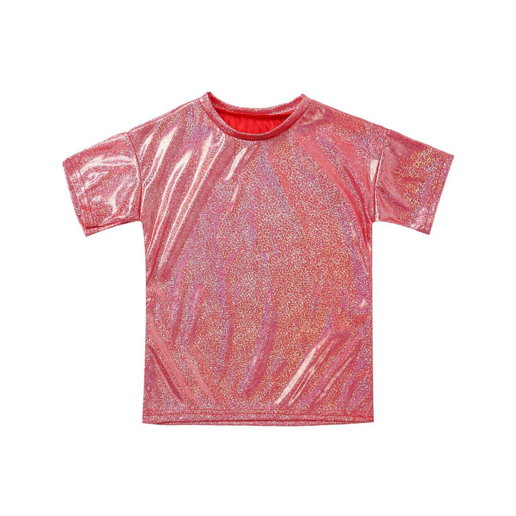 Kids Girls and Boys Casual Metallic Shiny Short Sleeve T-shirt Sparkly Jazz Dance Tops