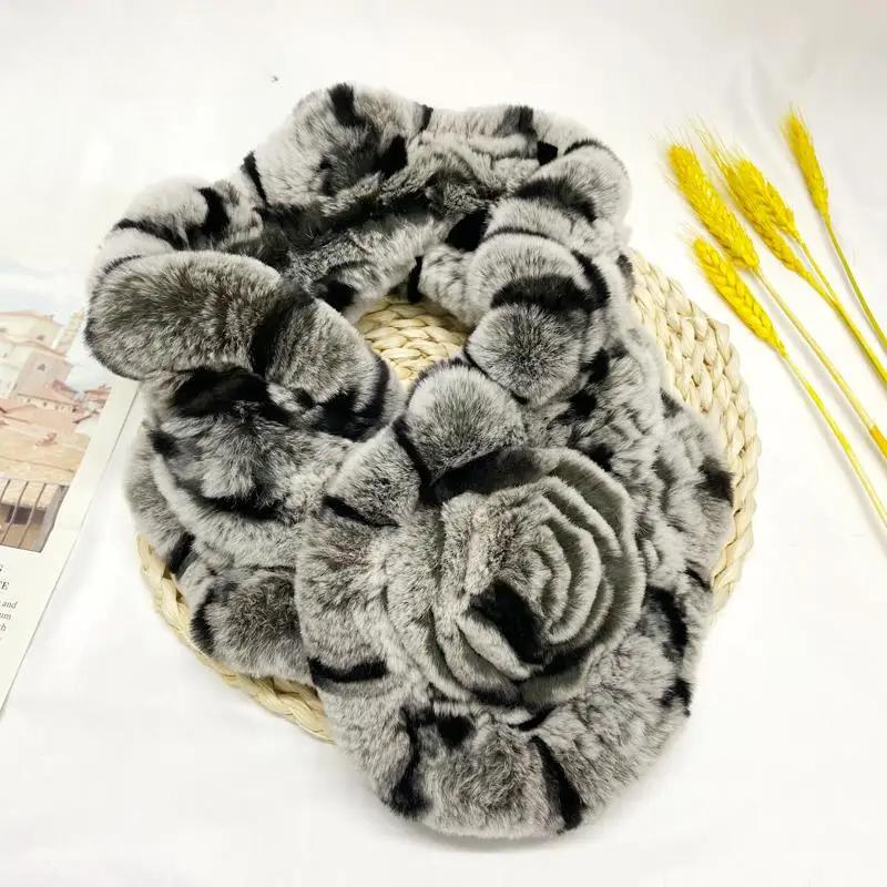 Natural Rabbit Fur Scarf Women Real Rex Neckwarmer Stylish Winter Warm Fashion Female Scarves Floral Shawls 65x12cm