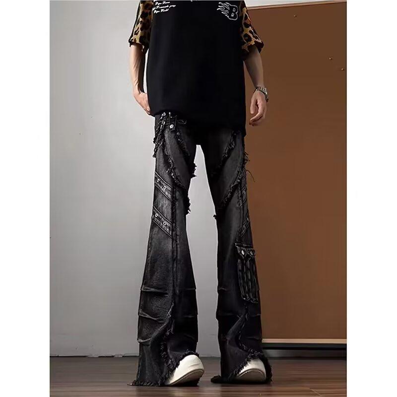 Jeans de herramientas multibolsillos con micro-tirador para hombre y mujer, estilo callejero, babes, lavado industrial pesado antiguo, pantalones de pierna ancha