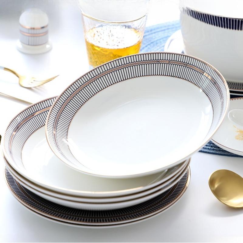 8/10palcové talíře z kostního porcelánu - Moderní elegantní kulaté nádobí se zlatým lemem Dezertní talířová sada Jídelní nádobí Servírovací talíře pro kuchyň, vhodné do mikrovlnné trouby
