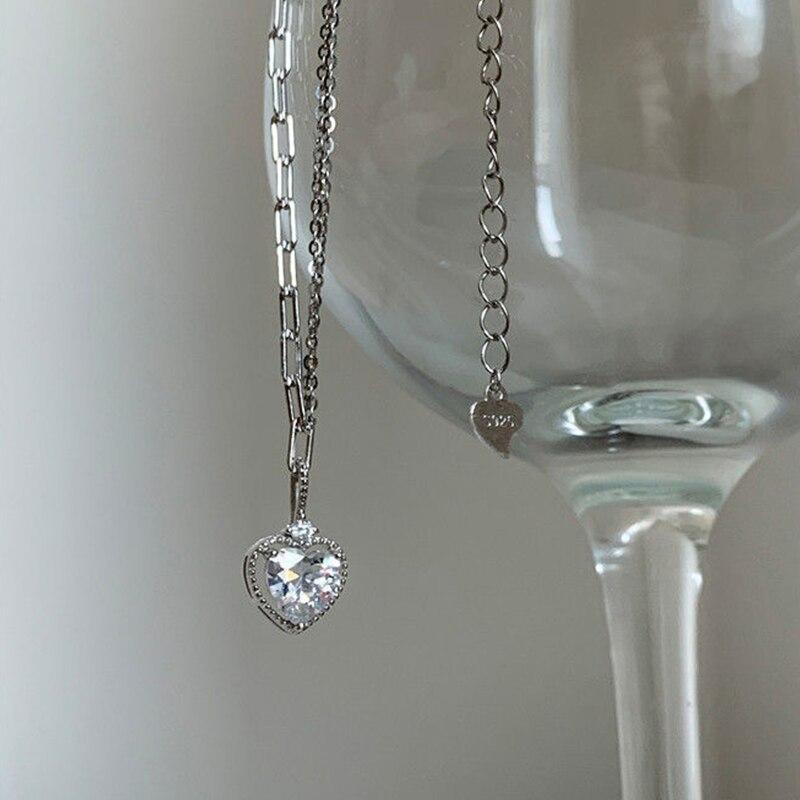 Sterling Tone Love Heart Cubic Zircon Women Necklaces Charm Pendant Clavicle Chain Choker Celebration Party Event JewelryTrendy Pendant