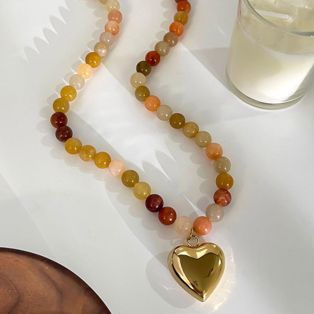 Trendy Gold Plated Necklace Heart Pendant Necklace Colorful Necklace Natural Stone Beaded Chain Necklace for Daily Party