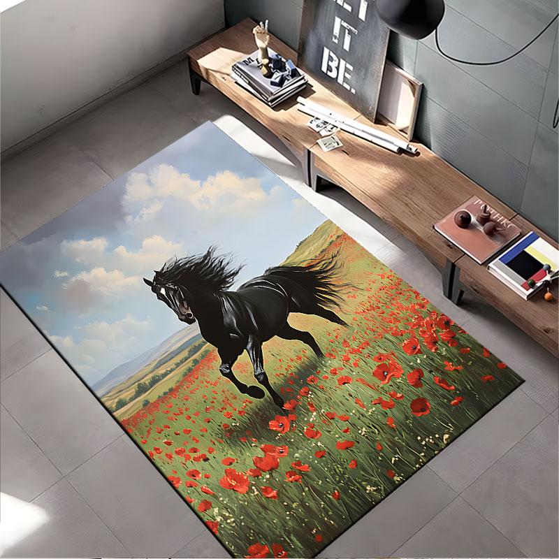 Black Horse in Poppy Field suitable as a non-slip mat for the living room or bedroom sofa