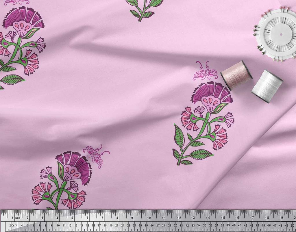 Soimoi Blue Japan Crepe Satin Fabric Insect|Leaves & Floral Block Print Fabric by Yard 42 Inch