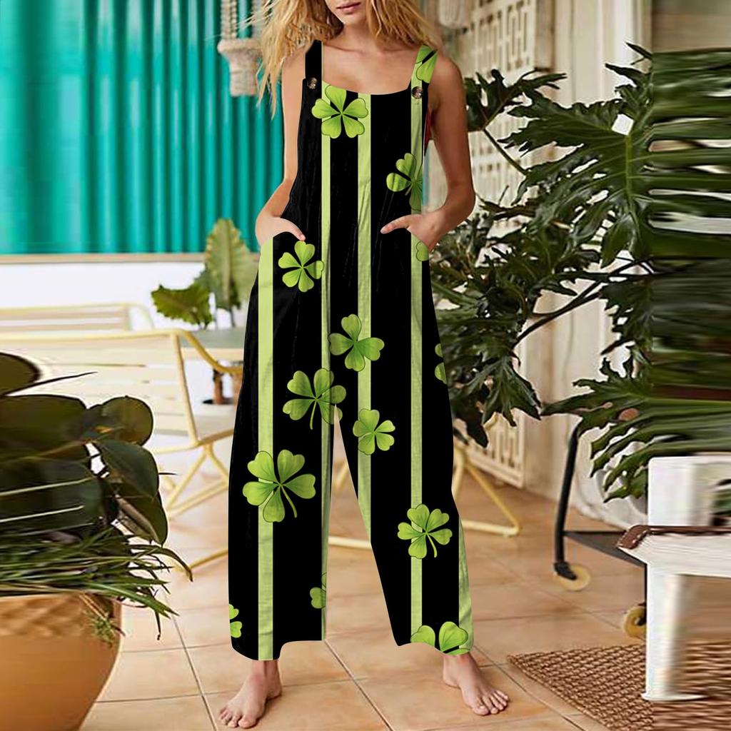 Women's Casual Jumpsuit Sleeveless St. Patrick's Day Printed Cotton Jumpsuit