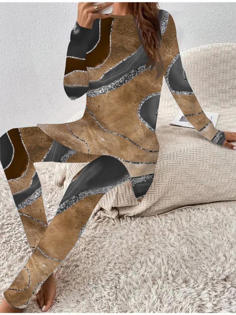 Euro-American Fashion 3D Marbling Printed Women's  Four-season Long-sleeved T-shirt + Long Pants Two-piece Set. Perfect Gift for New Year