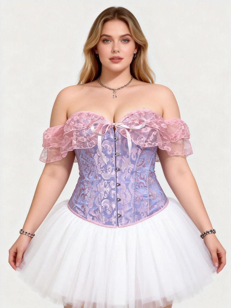 Women's Jacquard Lace Corset Top with Flutter Sleeves & Waist Cincher