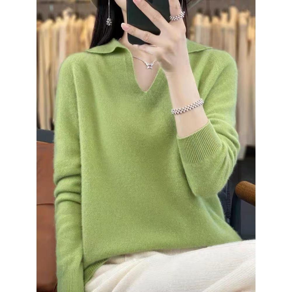 Autumn and Winter POLO Small V-neck Long-sleeved Loose Knitted Base Layer Sweater for Women