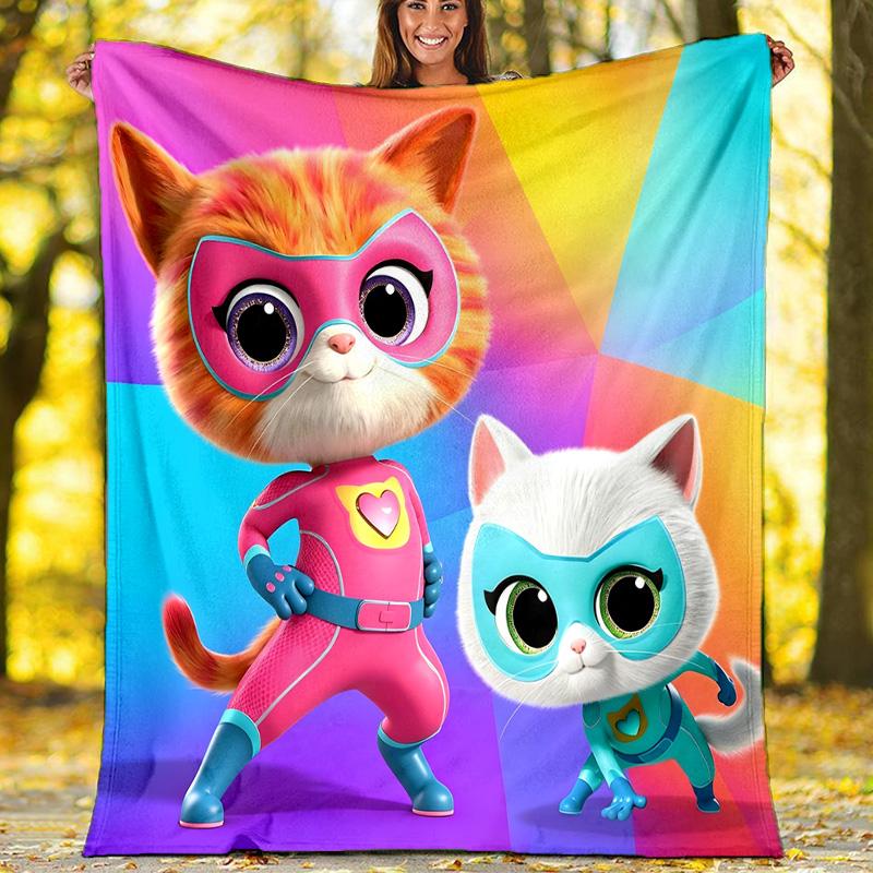 1pc Super Kitties Adventures1 Theme Soft Flannel Throw Blanket - Digital Print, Polyester, Cozy for All Seasons, Perfect for Outdoor, and Travel