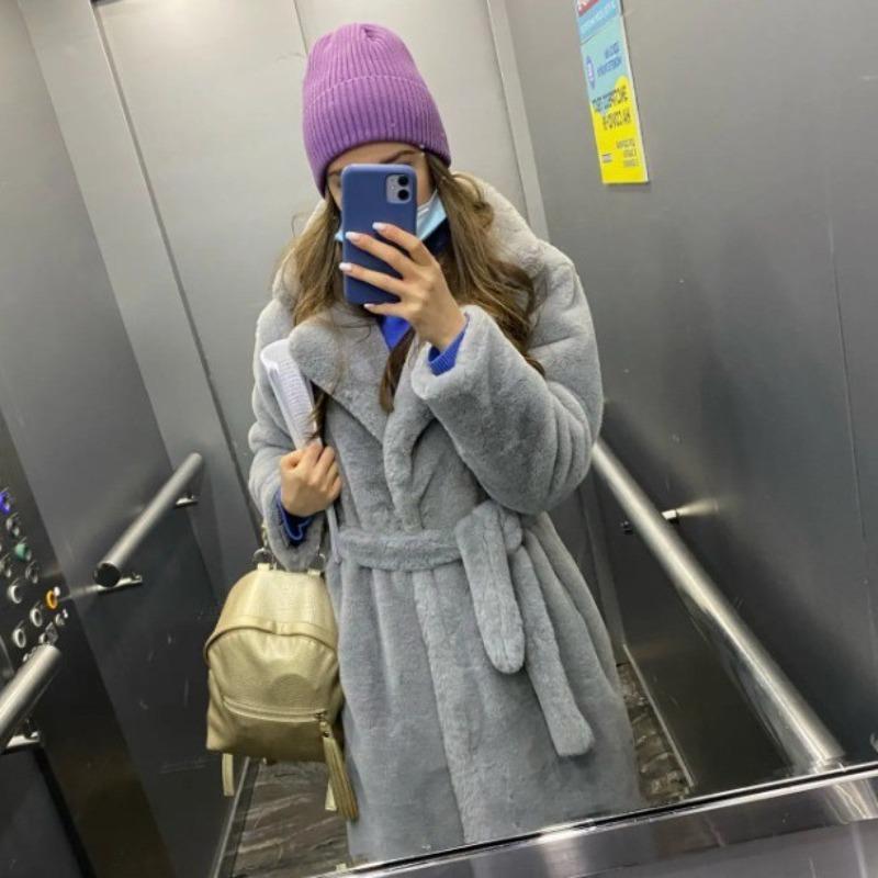 Neuer Wintermantel aus Kaninchenfellimitat für Damen, verlängerter Gürtel, Jacke aus Fellimitat, verdickte warme Plüschjacke