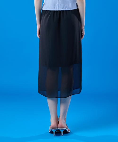 Collet See-Through Chiffon Slit Cooling Layered Long Skirt [Black]