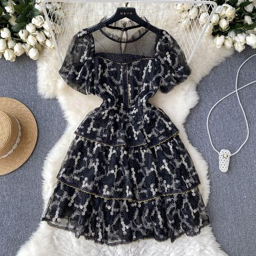 Summer Lace Hook Flower Embroidered Bubble Sleeve Dress for Womenfashion Slim Waist Dress Female A-line Cake Party Retro Dress