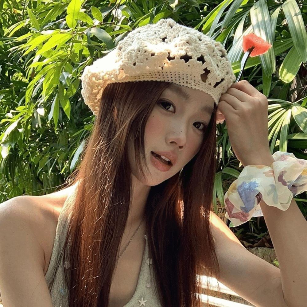 Japanese Style Flower Hat Breathable Crochet Knitted Cap Brimless Hollowed Out Beret  Holiday