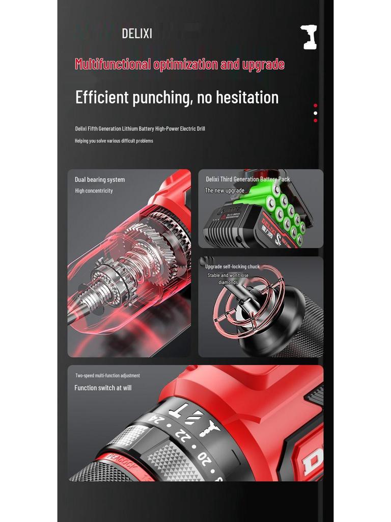 Delixi Brushless Lithium Electric Hand Drill - Pistol Grip for Household Wall Drilling and Impact Holes