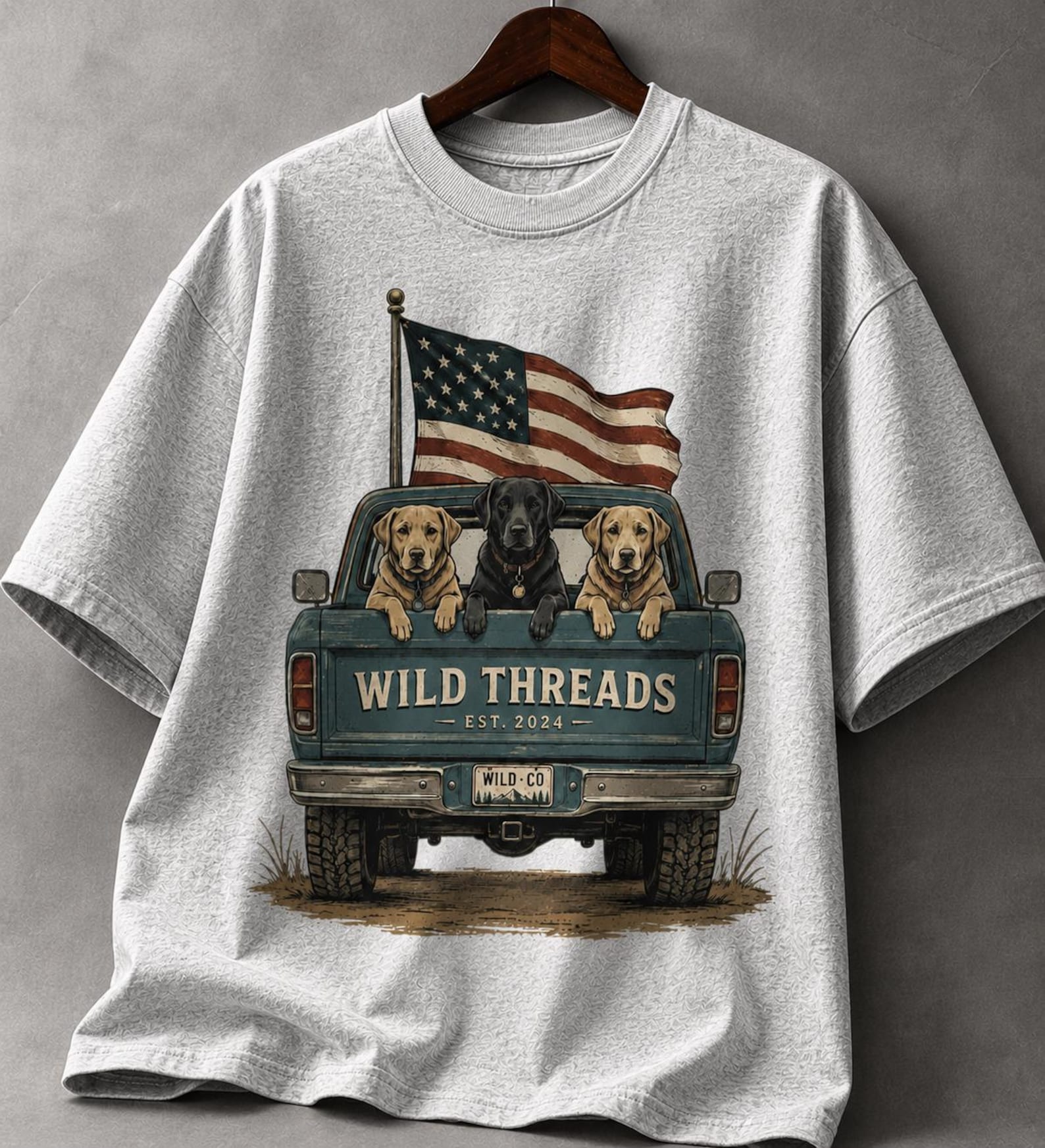 Vintage Labrador Truck Graphic Tee – Retro American Flag Dog Lover Shirt L