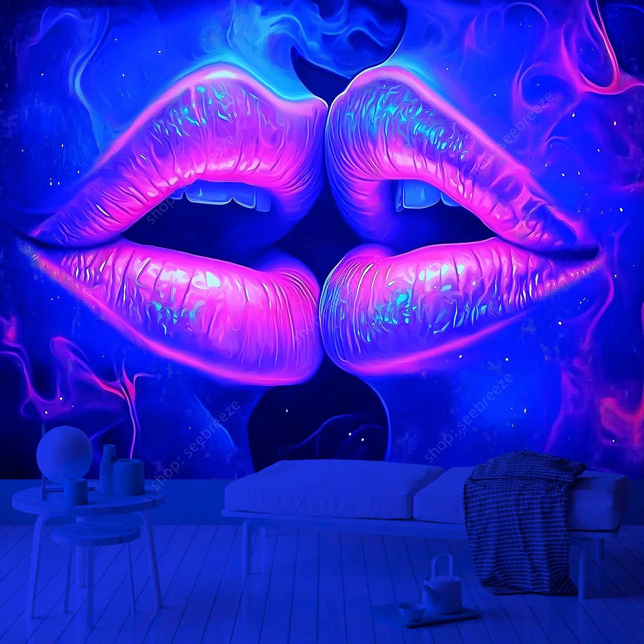 Neon Lippen Psychedelische Kosmische Wand Tapijt UV Reactief Wandkleed Zwart Licht Moderne Kunst Kamer Decoratie Voor Slaapkamer Woonkamer 40x60 cm purple