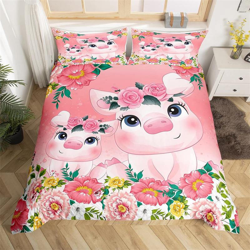 Cartoon-Tier-Bettbezug-Set Zoo Sikahirsch Mikrofaser Rosa Blumig Bettwäsche Einzelbett Twin Für Mädchen Jungen