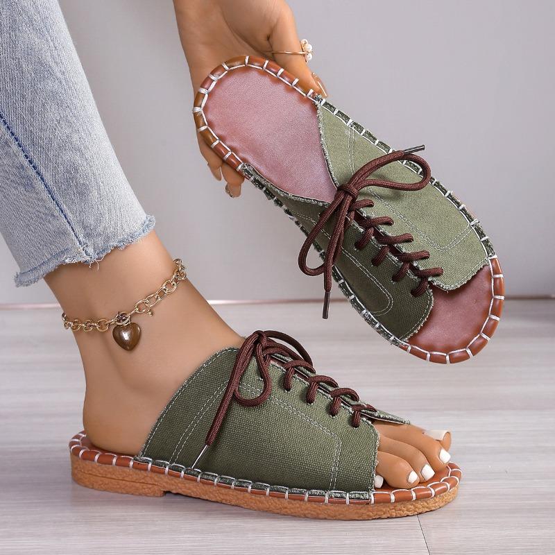 Fashion Plus Size 2025 Summer New Women’s Casual Slippers Outdoor Open Toe Lace Up Low Heel Slippers for Hot Sale Daily Rome Sandals