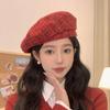 Red Tartans Berets Cap Y2K Women Artist Hat Painter Hat New Year Brimless Hat  Autumn
