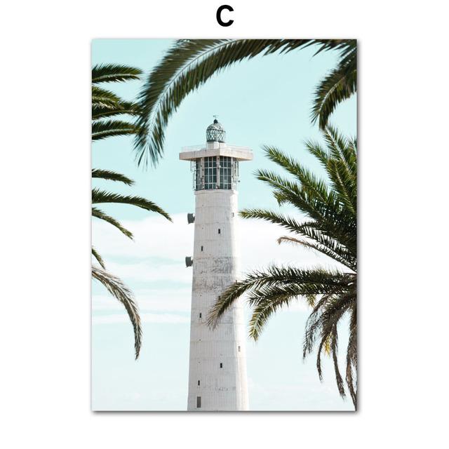Nordic Landscape Palm Tree Beach Watchtower Wall Nature Art Posters Prints Pictures For Living Room Canvas Painting Home Decor