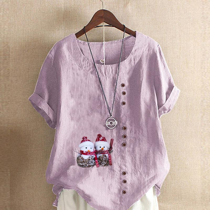 Women's Fashion Round Neck Short Sleeve T-shirt Casual Cotton Linen Graphic Shirt Leisure Loose Snowmen Prined Summer Blouse Tops