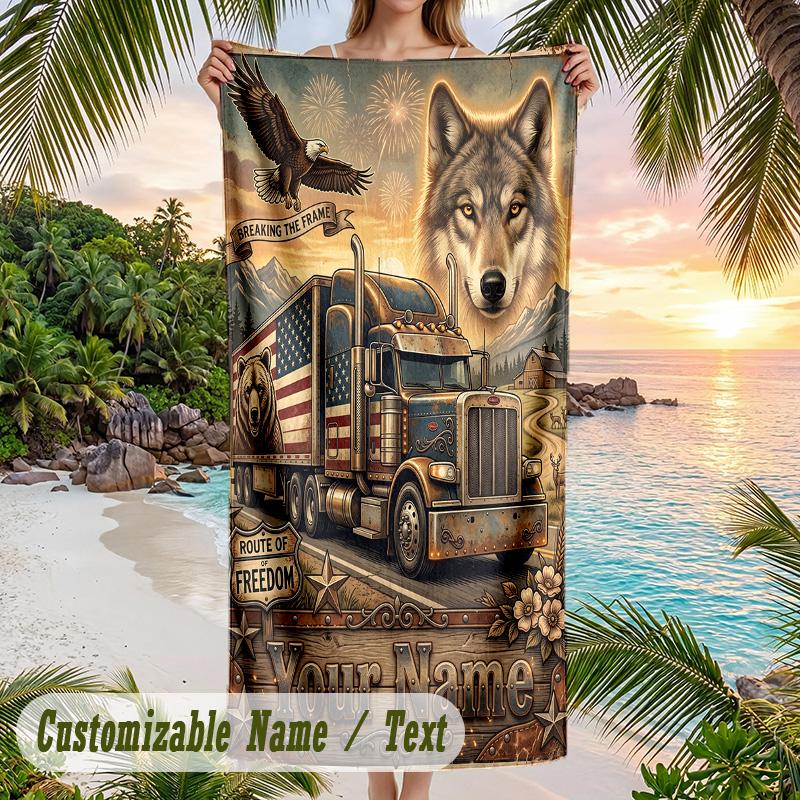 American Patriotic Theme Beach Towel Personalized Custom Name & Text Soft Quick Dry Beach Towel for Swimming Travel
