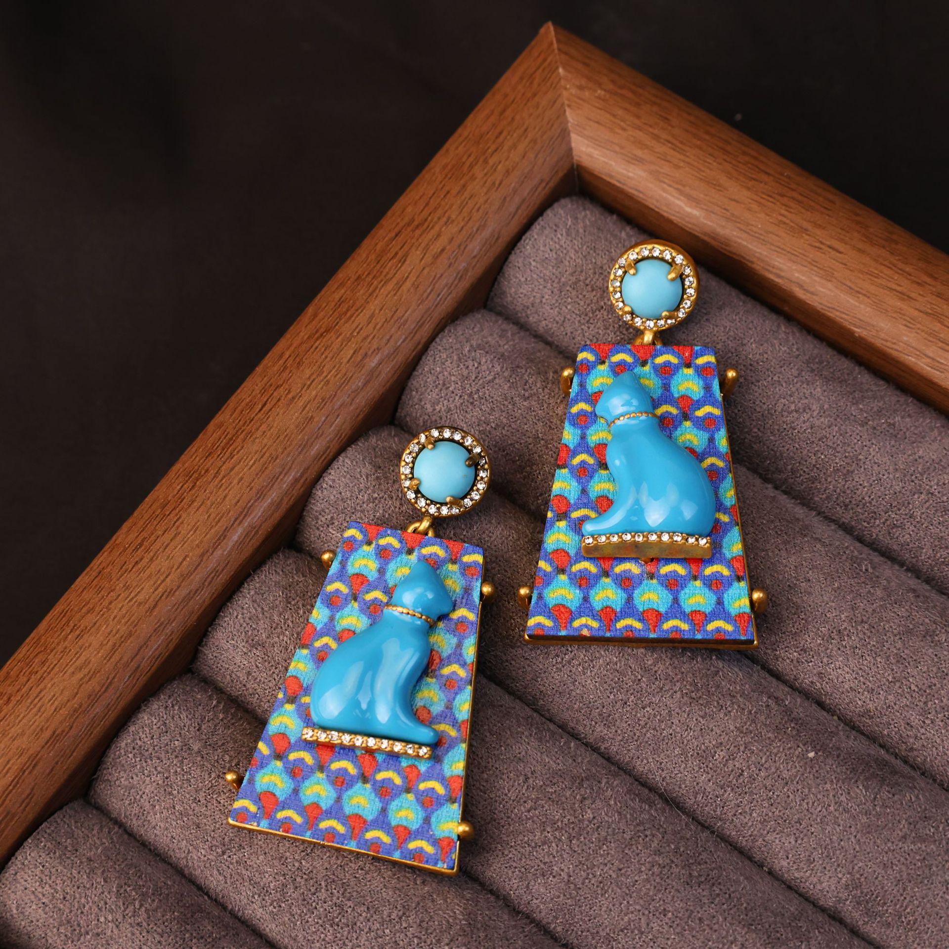 

Винтажные серьги-пусеты в виде котят из синей эмали - Ретро этнический стиль